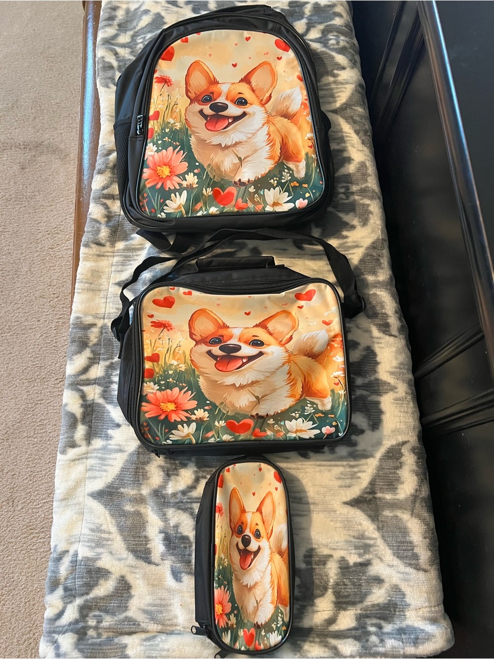 Black Corgi Print Kids Backpack, Lunch Bag & Pencil Case Set